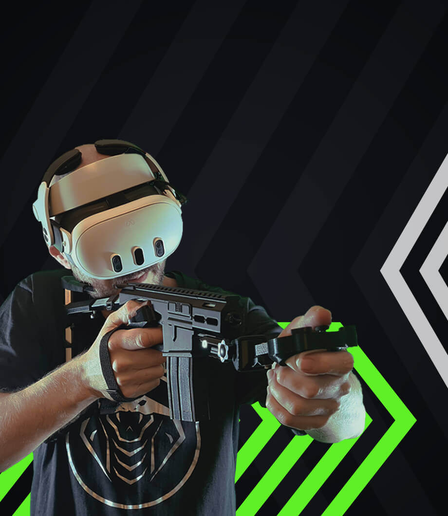man with Meta Quest 3 VR headset and VR gunstock aiming