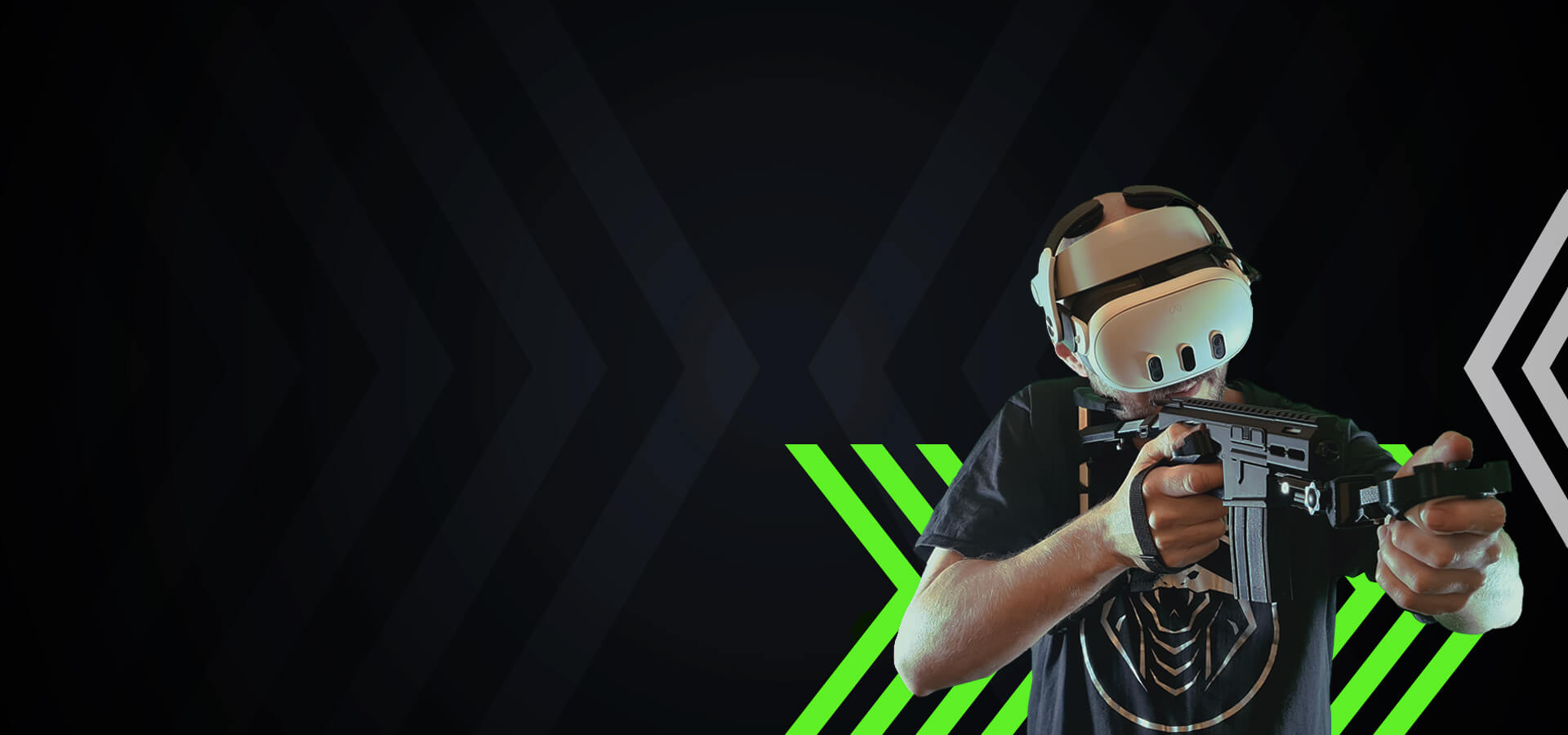 man aiming with VR gunstock with a Meta Quest headset
