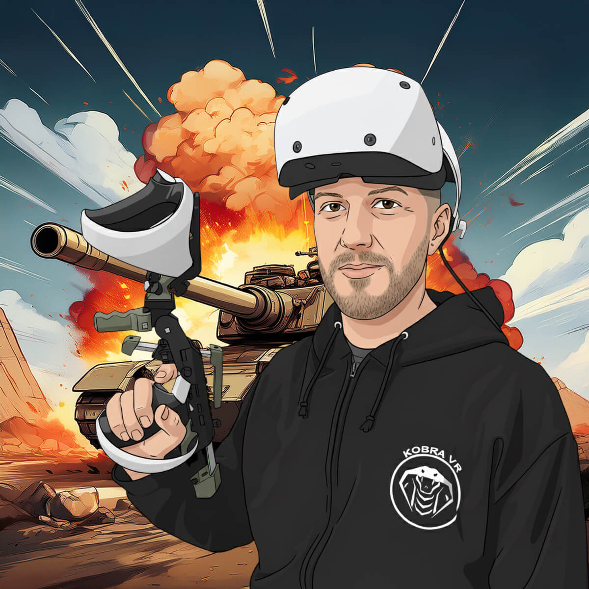 cartoon man waring psvr2 headset holding VR gunstock with an explosion and tank in the background, wearing a black hoodie with a logo.