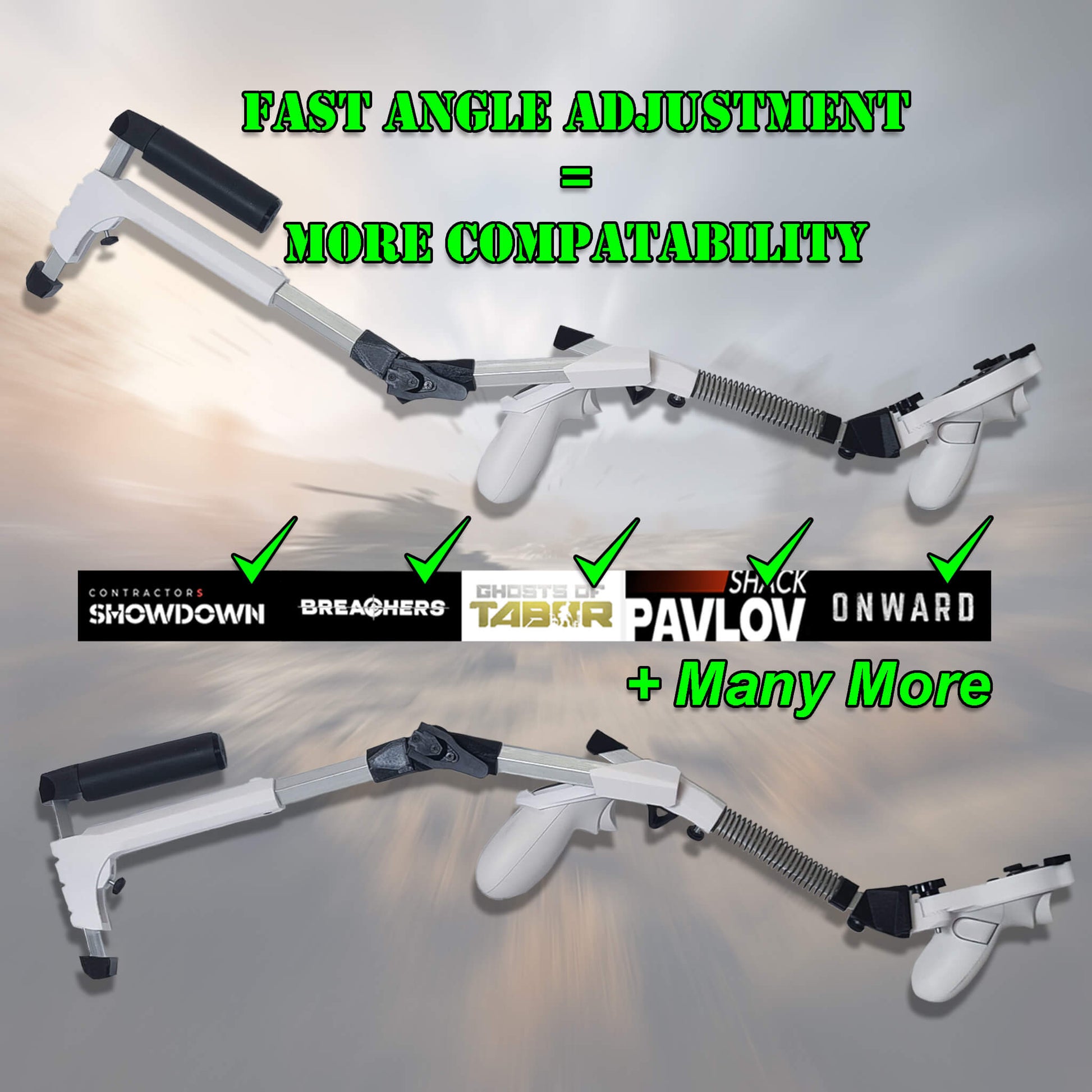 VR gunstock with rear angle adjustment for compatibility with most games.