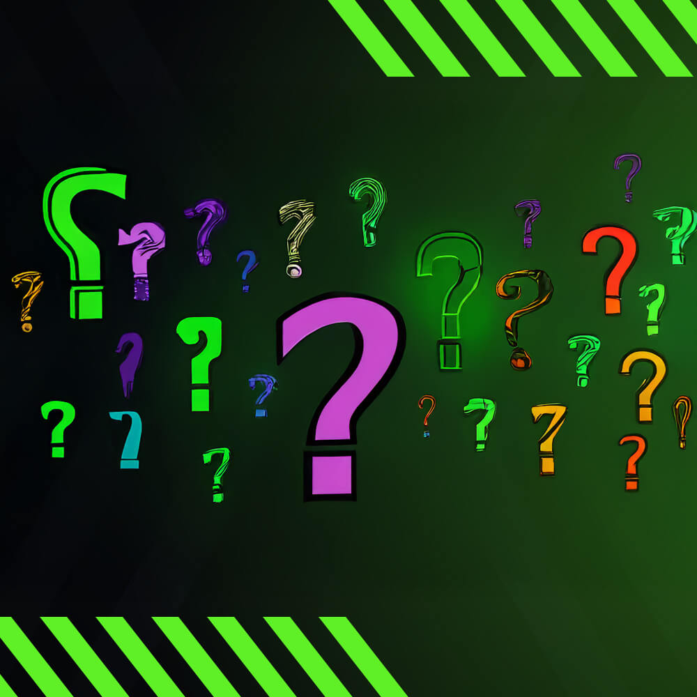 Colorful question marks on a green background.
