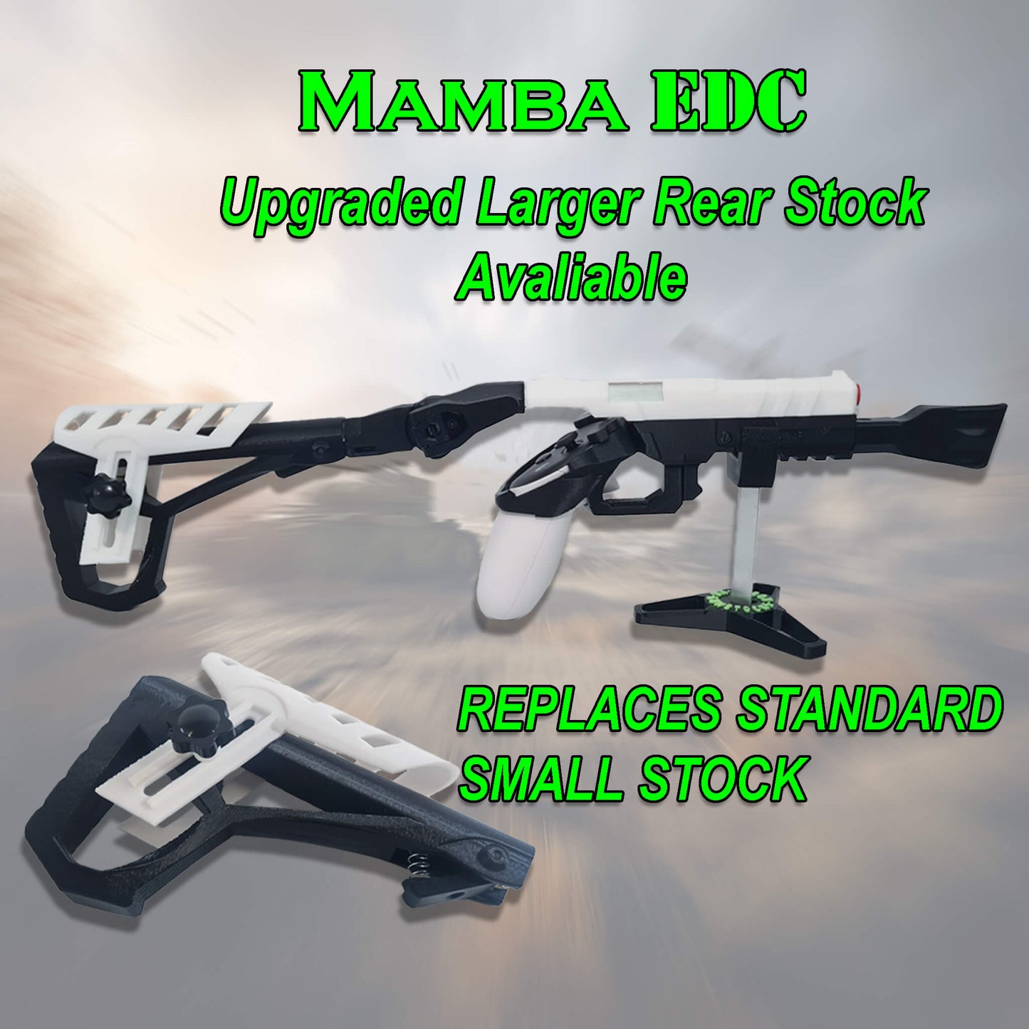 Mamba EDC upgraded  larger rear stock  and colour matched cheek riser on stand 