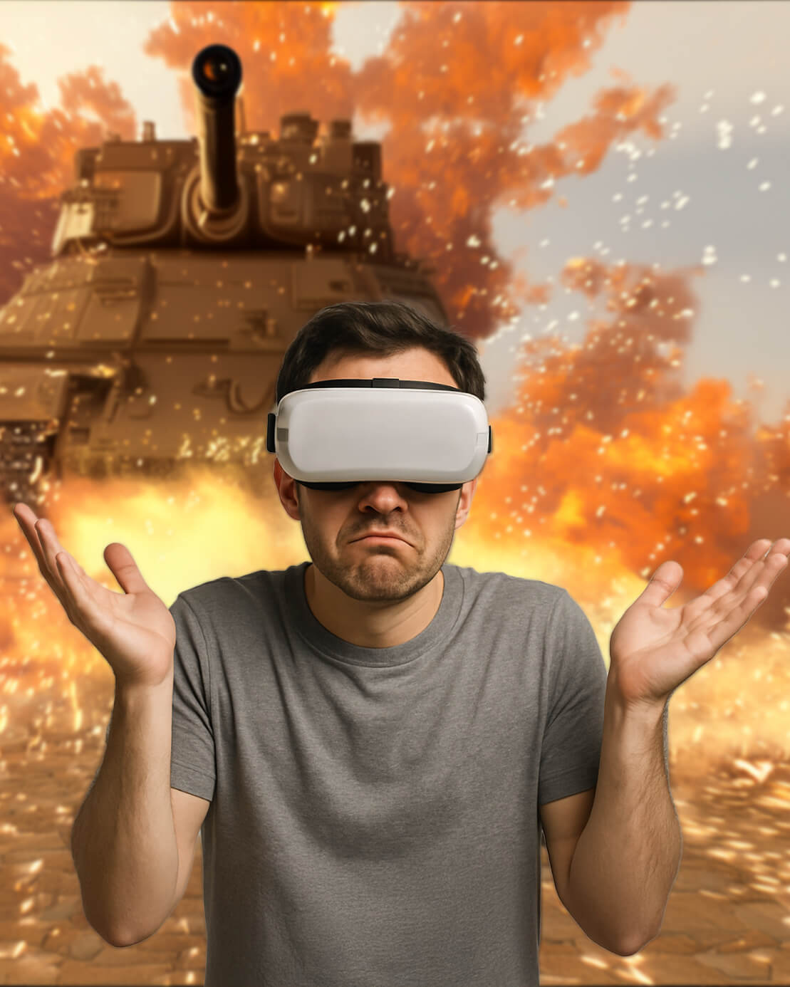 man wearing VR headset looking confused