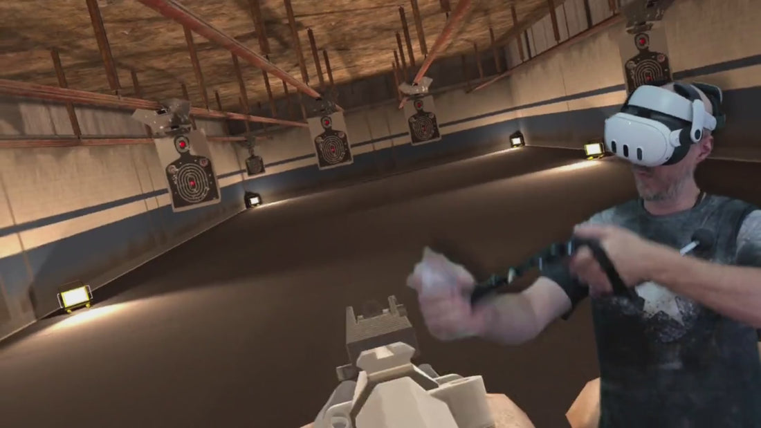 Load video: Demonstration of the KobraVR A1MBot modular VR gunstock on a virtual gun range, showing fast weapon swaps between AR rifle, handgun, and grenade using the front-flip module