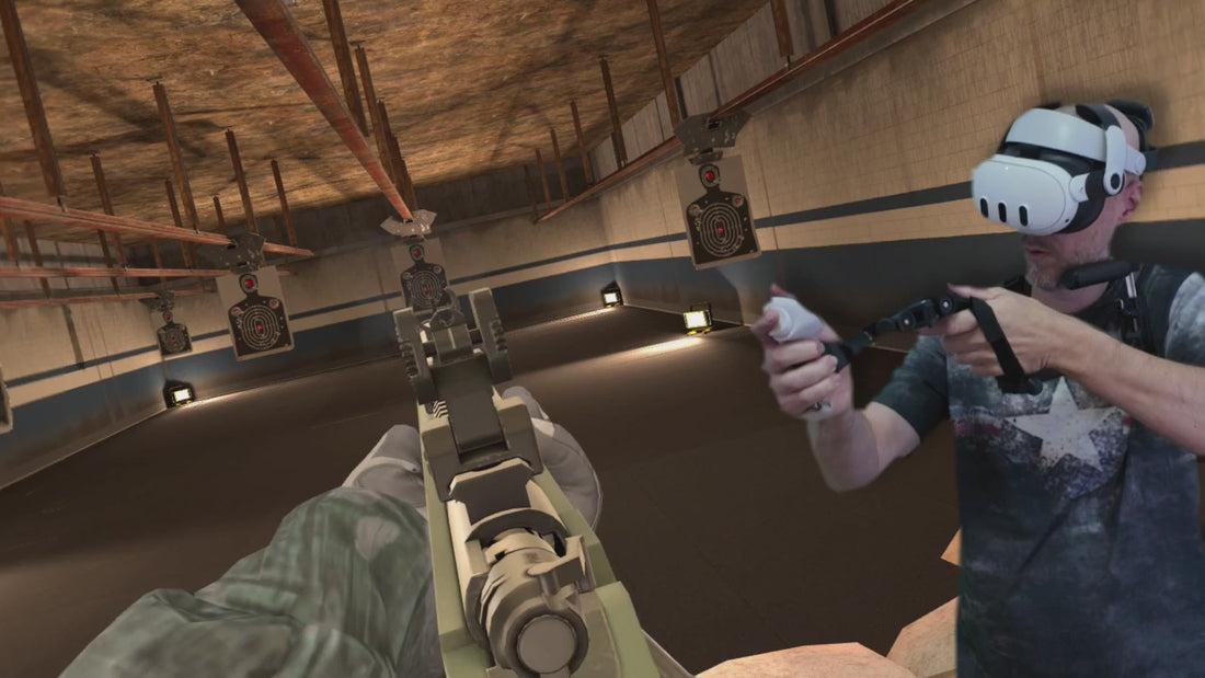 Load video: Demonstration of the KobraVR A1MBot full-stock setup showing bolt-action use, a quick-detach stock drop, a front-flip grenade transition, and a return to bolt-action aiming.