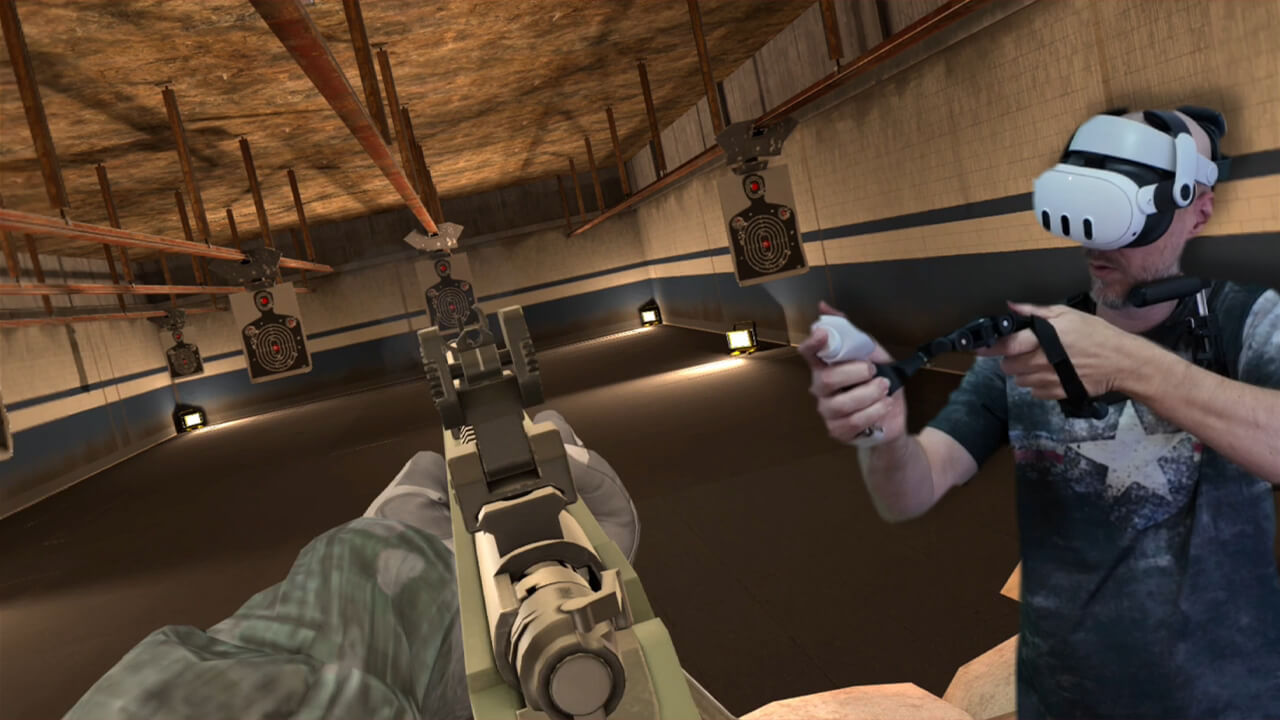 Load video: Demonstration of the KobraVR A1MBot full-stock setup showing bolt-action use, a quick-detach stock drop, a front-flip grenade transition, and a return to bolt-action aiming.