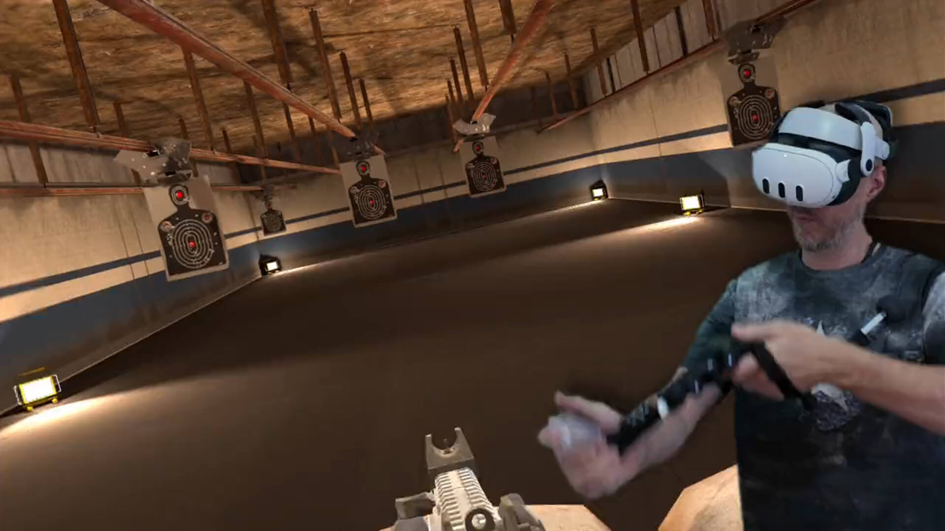 Load video: Demonstration of the KobraVR A1MBot modular VR gunstock on a virtual gun range, showing fast weapon swaps between AR rifle, handgun, and grenade using the front-flip module